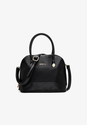 Bolso de mano de cuero negro con fondo texturizado, doble asa, correa de hombro ajustable y logotipo "DERIMOD" en tono dorado en el frente.