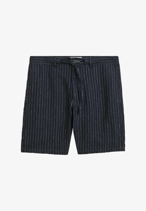 Marine gestreepte shorts van lichtgewicht stof, met een trekkoord in de taille en verticale witte strepen door het hele ontwerp.