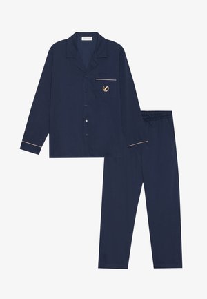 Navy blue pajama set with a collared shirt, button closure, chest pocket, and elastic waistband pants featuring a gold accent line.