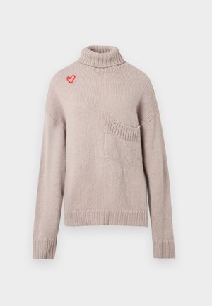 Light beige knit sweater with a high collar, ribbed cuffs, and hem, featuring a small red heart embroidery near the collar and a front pocket.