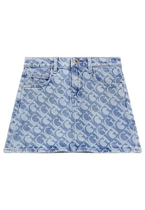 Lyseblå denim mininederdel med et diskret logo mønster over det hele, forreste knaplukning, bæltestropper og to forlommer med nitter.