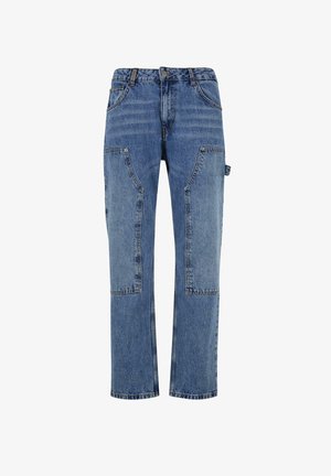 Sinise teksased, sirge lõikega, millel on kontrastsed lapitud piirkonnad, viis taskut ja metallist nööbikinnitus.