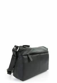 Borsa in pelle nera con superficie texture, forma rettangolare, chiusura con cerniera superiore, tracolla regolabile e tasca frontale con cerniera discreta.
