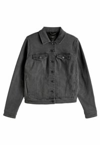 Tmavě šedá džínová bunda s knoflíkovým zapínáním, límcem, dlouhými rukávy a dvěma náprsními kapsami na bílém pozadí.