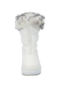 Bota blanca con puño de piel sintética, cierre de cremallera, parte superior de textil acolchado y suela de goma. Presenta un acabado suave y sin patrones visibles.