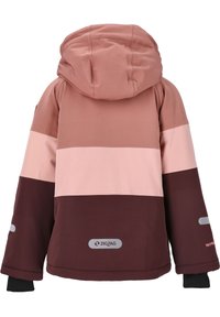 Vattentät jacka i rosa, vinröd och beige färgblockdesign. Har en huva, elastiska cuffs och logotyper på ärmarna och nederkanten.