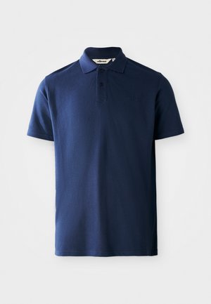 Polo de culoare albastru închis, fabricat din bumbac, având un guler clasic, placket cu două nasturi, mâneci scurte și un logo brodat subtil.