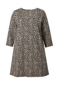 Zwart en beige gestreepte jurk met driekwart mouwen, featuring geometrische vormen en een vierkante halslijn. Gemaakt van een lichtgewicht stof.