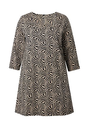 Abito a tinta unita nero e beige con maniche a tre quarti, caratterizzato da forme geometriche e scollatura quadrata. Realizzato in un tessuto leggero.