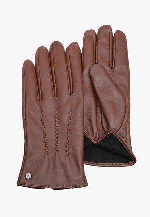 Guanti in pelle marrone con una texture liscia, caratterizzati da dettagli cuciti sul dorso e una morbida fodera interna. Inclusa una rifinitura in metallo argentato.