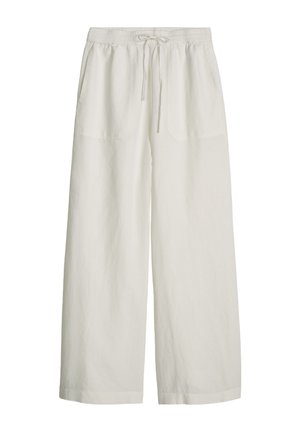 Pantalon ample en lin crème avec taille élastiquée et cordon de serrage à l'avant, doté de poches latérales et de jambes larges et droites.