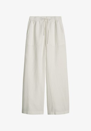 Pantalon ample en lin crème avec taille élastiquée et cordon de serrage à l'avant, doté de poches latérales et de jambes larges et droites.