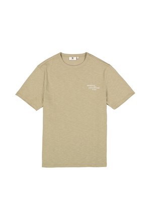 Beige T-shirt met korte mouwen van een zacht, lichtgewicht materiaal. Voorzien van een ronde hals en subtiele tekstbranding op de borst.