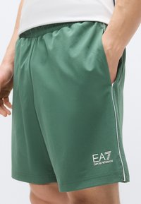 Grønne treningsshorts laget av lett stoff. Har sidelommer, hvit piping og en logo på nedre venstre ben. Elastisk midjebånd.