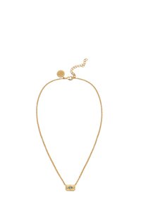 Goldkette mit rechteckigem Anhänger, der ein strukturiertes, strahlendes Muster und einen zentralen Edelstein aufweist. Verstellbare Länge mit einem Karabinerverschluss.