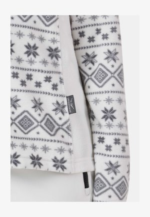 Biała kurtka polarowa w szare śnieżynki i geometryczne wzory. Posiada kieszeń na zamek i metkę z nazwą marki.