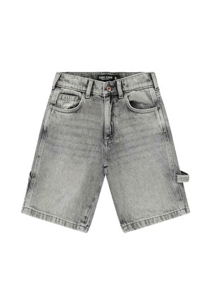 Grijze denimshorts met een losse pasvorm, vijf zakken en een zijbanddetail. De stof heeft een vervaagde wassing en een gladde textuur.