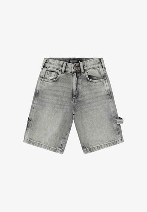 Grijze denimshorts met een losse pasvorm, vijf zakken en een zijbanddetail. De stof heeft een vervaagde wassing en een gladde textuur.