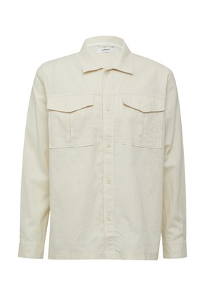 Beige langpolshirt van een effen geweven stof, met een knoopsluiting aan de voorkant, twee borstzakken en een standaard kraag.