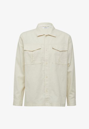 Beige Langarmhemd aus einem einfachen Webstoff, mit durchgehender Knopfleiste, zwei Brusttaschen und einem klassischen Kragen.