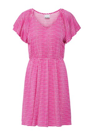 Pink short-sleeved dress with white dotted pattern, V-neckline, and gathered waist, labeled "ICHI."