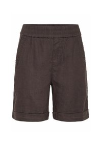 Brown linen shorts with an elastic waistband, front pleats, and rolled cuffs. Texture is smooth with a subtle sheen.