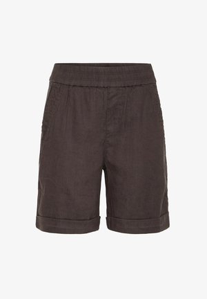 Brown linen shorts with an elastic waistband, front pleats, and rolled cuffs. Texture is smooth with a subtle sheen.
