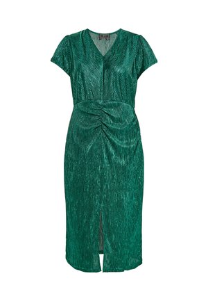Smaragdno zelena midi obleka s kratkimi rokavi, V-izrezom, nabranim pasom in razporkom spredaj. Ima teksturirano, rebrasto blago.