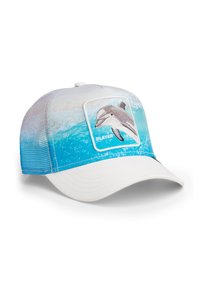 Casquette de baseball en mesh blanc et bleu avec un patch dauphin et le mot "PLAYER" sur le panneau avant.
