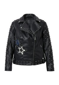 Black leather biker jacket with silver studs, asymmetrical zip, and star patches in blue and white. Features a textured finish and lapel collar.