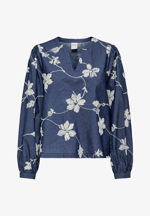 Denimtopp med V-hals, lange puffermet ermer og hvit blomsterbroderi. Har en avslappet passform og teksturert stoff.