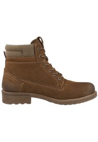 Bota de cuero marrón hasta el tobillo con un puño de tela de espiga texturizada, puntera redonda, parte delantera con cordones y un bajo tacón de madera apilada.