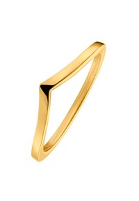 Anello d'oro con un design a onda unico, caratterizzato da una superficie liscia e lucida e un profilo a forma di V, che mette in risalto l'eleganza geometrica moderna.