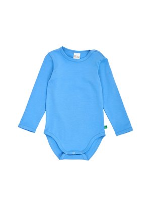 Blauer Baby-Body mit langen Ärmeln, Druckknöpfen am unteren Saum und Schulteröffnung vor weißem Hintergrund.