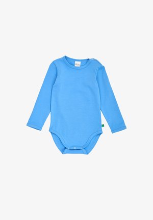 Body bébé bleu à manches longues avec pressions en bas et ouverture à l'épaule sur fond blanc.