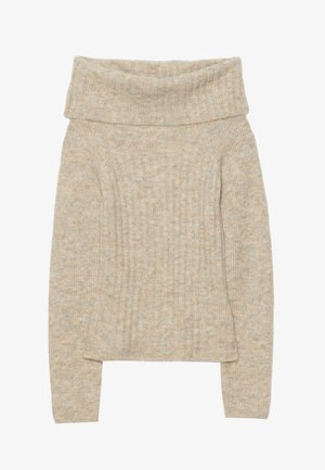 Pullover de malha bege com uma gola larga e dobrada, textura riscada verticalmente, mangas longas e ligeiro alargamento na barra. Aparência suave e quente.