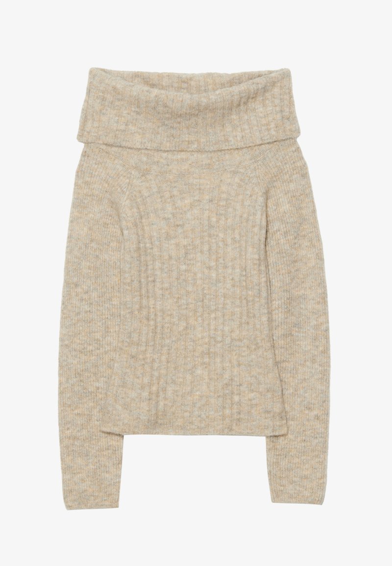 Bežs adīts džemperis ar plašu salocītu apkakli, vertikālu ribota tekstūra, garām piedurknēm un nelielu izplešanos apakšmalā. Mīksta un silta izskats.