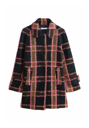 Schwarz-rosa karierter Mantel mit Kragen, Fronttaschen und Knopfschluss. Der strukturierte Stoff weist bunte Muster und Akzente auf.