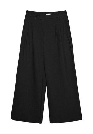 Schwarze, weit geschnittene, cropped Hosen mit Vorderfalten, Gürtelschlaufen und einem Knopfverschluss an der Taille.