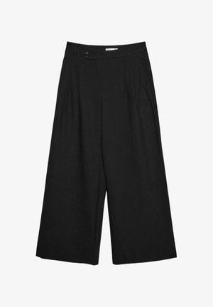 Schwarze, weit geschnittene, cropped Hosen mit Vorderfalten, Gürtelschlaufen und einem Knopfverschluss an der Taille.