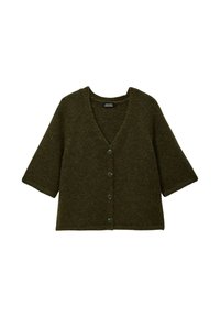 Cardigan vert olive avec un col en V, des manches courtes et cinq boutons sur le devant. Fabriqué en matière tricotée texturée.