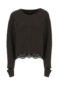 Pullover marrone a coste con design cropped, dotato di maniche lunghe e un bordo in pizzo nero sull'orlo per un tocco di consistenza e dettaglio.