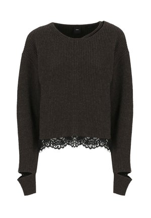 Pullover marrone a coste con design cropped, dotato di maniche lunghe e un bordo in pizzo nero sull'orlo per un tocco di consistenza e dettaglio.