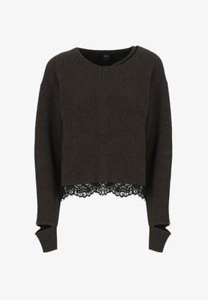 Pullover marrone a coste con design cropped, dotato di maniche lunghe e un bordo in pizzo nero sull'orlo per un tocco di consistenza e dettaglio.