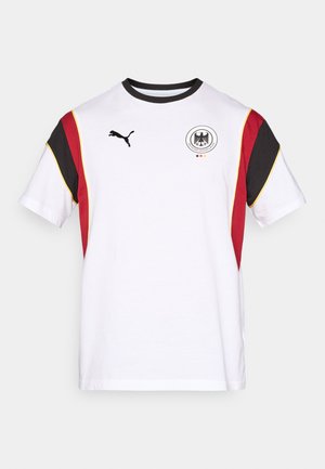 White short-sleeve T-shirt featuring black, red, and yellow accents. Includes a Puma logo and the German national emblem on the chest.