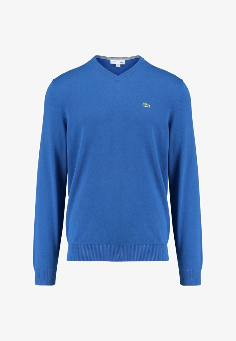 Pull bleu à col en V à manches longues avec poignets et ourlet côtelés, arborant un petit logo crocodile vert sur le côté gauche de la poitrine.