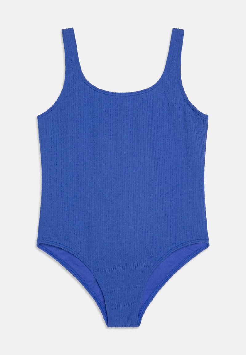Blue one-piece swimsuit made of textured fabric. Features thin shoulder straps and a scoop neckline. Smooth interior lining.