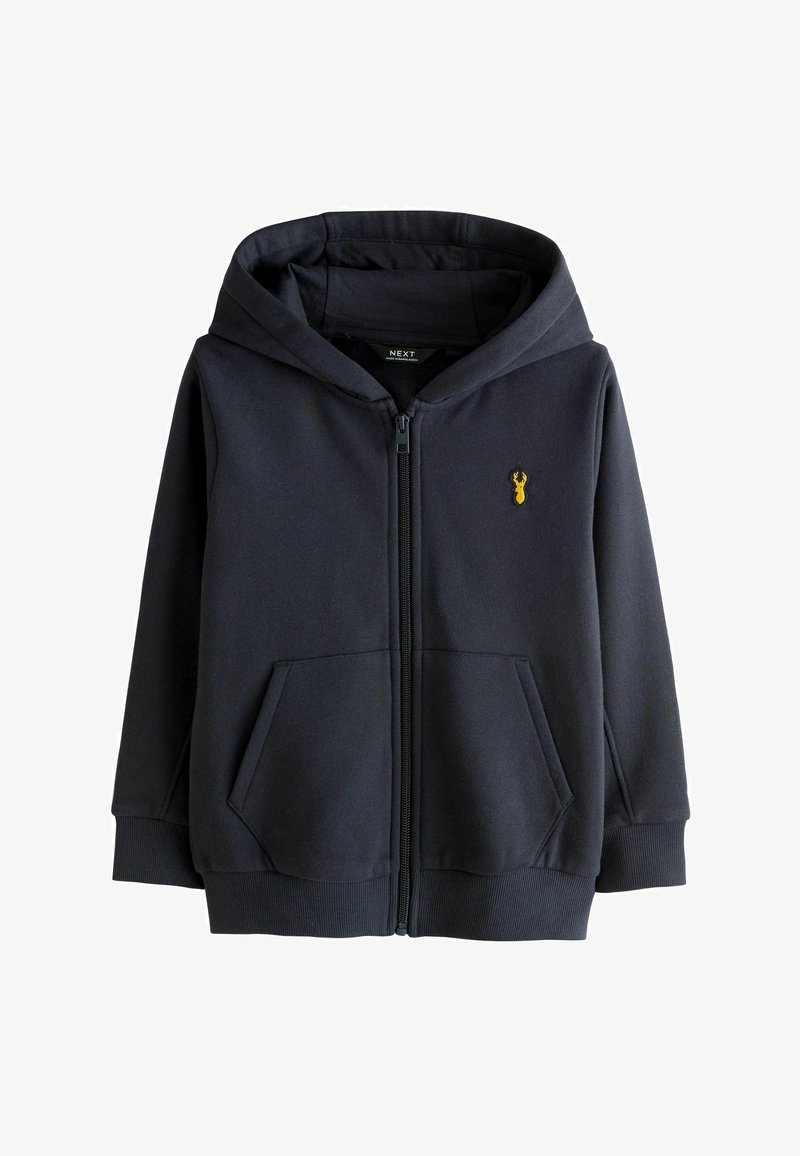 Navyfarbener Zip-Hoodie aus weichem Stoff mit einer Kängurutasche, gerippten Bündchen und einem kleinen gelben Hummer-Logo auf der Brust.