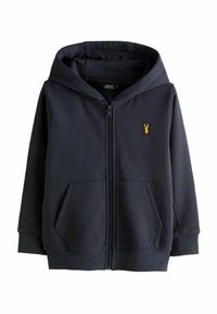 Tamno plava zip-up dukserica izrađena od mekog materijala sa kengur džepom, rebrastim manžetama i malim žutim logom jastoga na grudima.