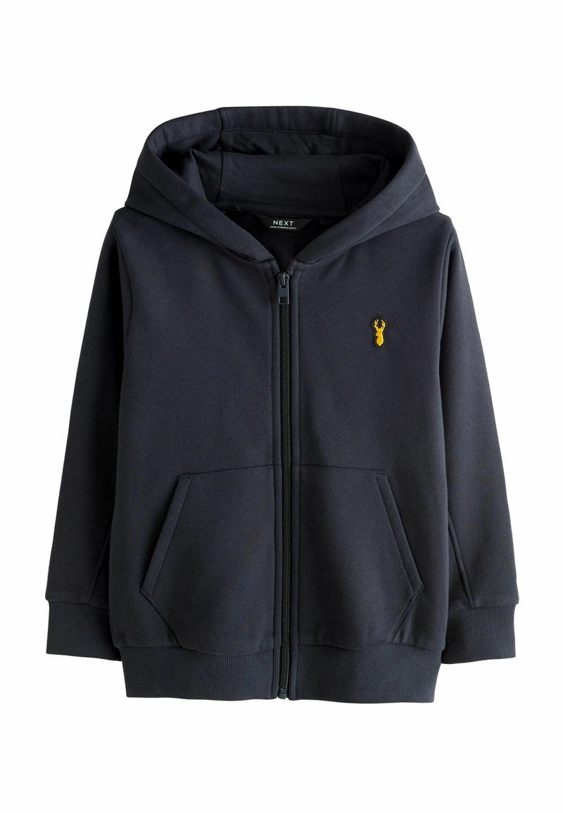 Tamno plava zip-up dukserica izrađena od mekog materijala sa kengur džepom, rebrastim manžetama i malim žutim logom jastoga na grudima.